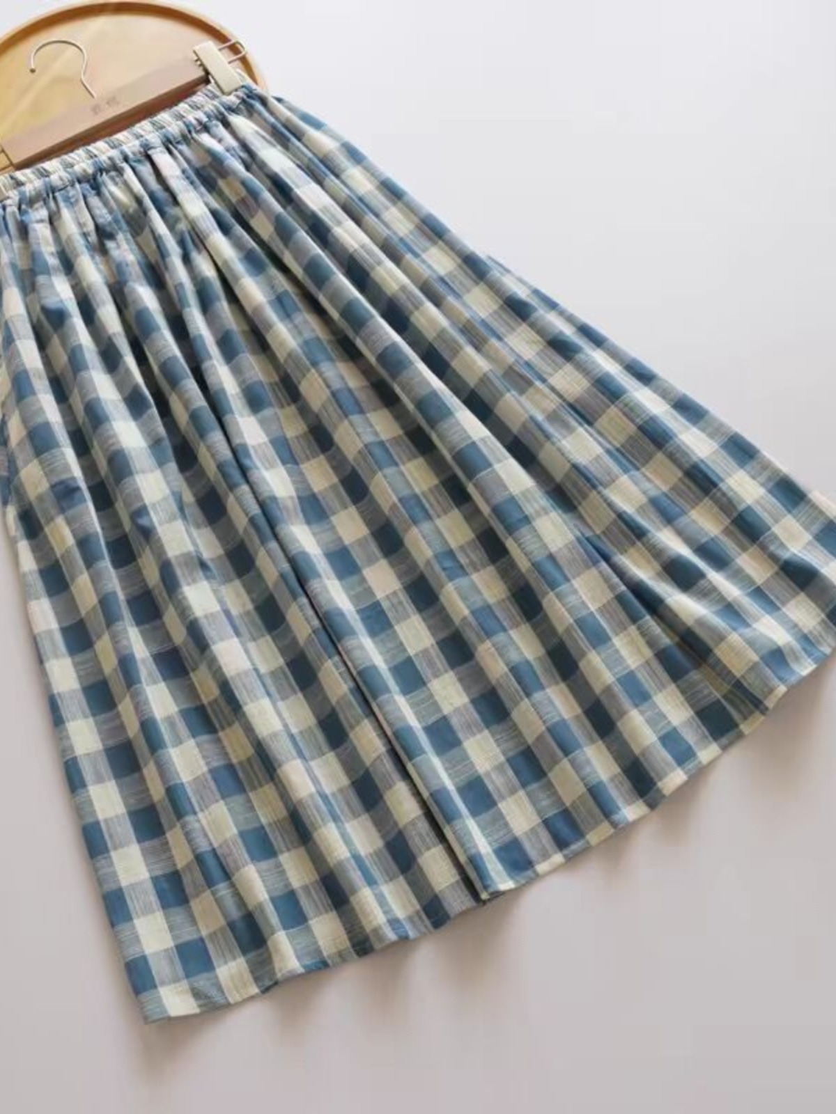A-Line Skirt Midi - Loose Midi Blue Plaid Bamboo Cotton