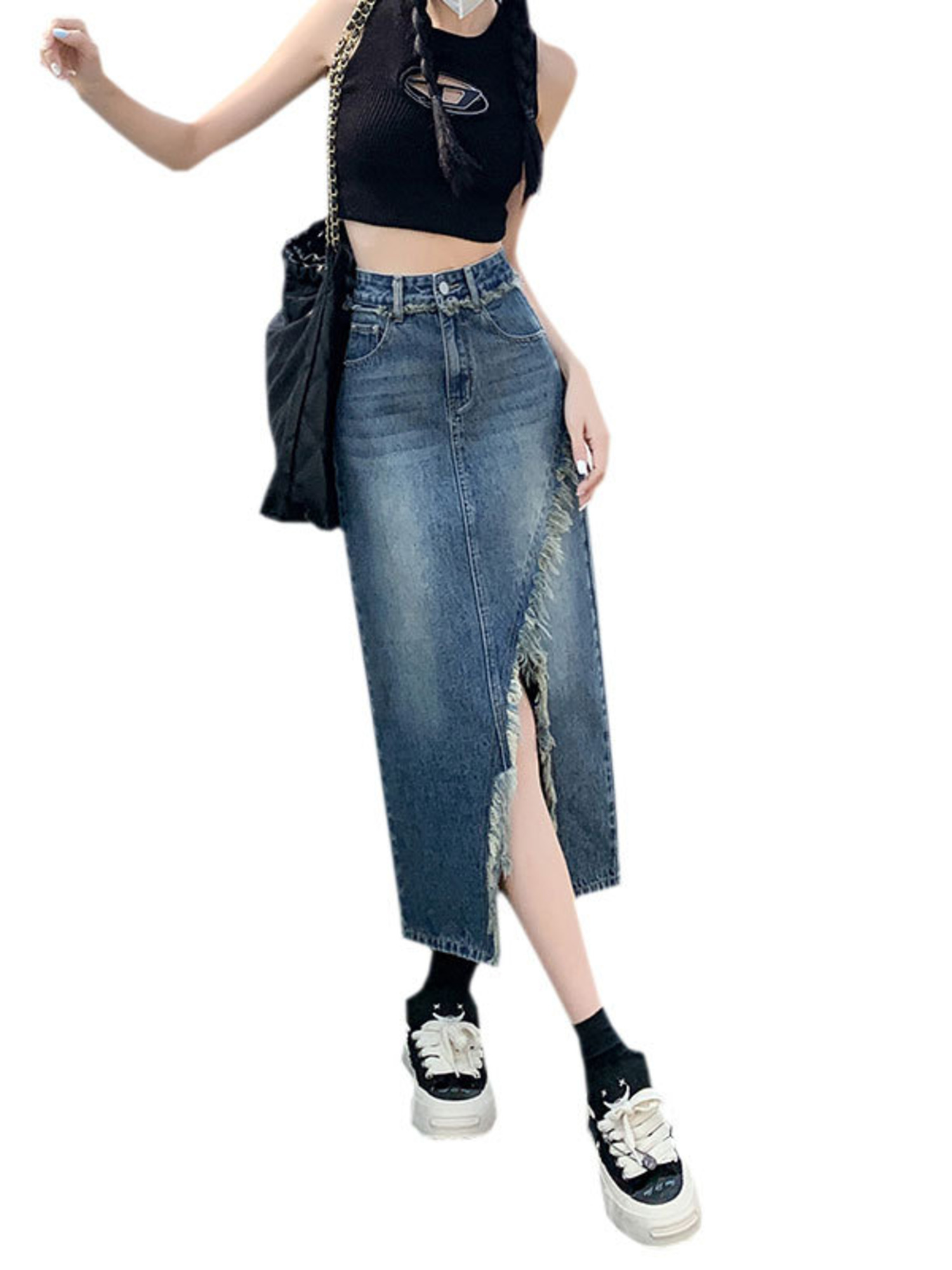 Women's High Waist Denim Skirt - A-Line Skirt Midi 评论和价格